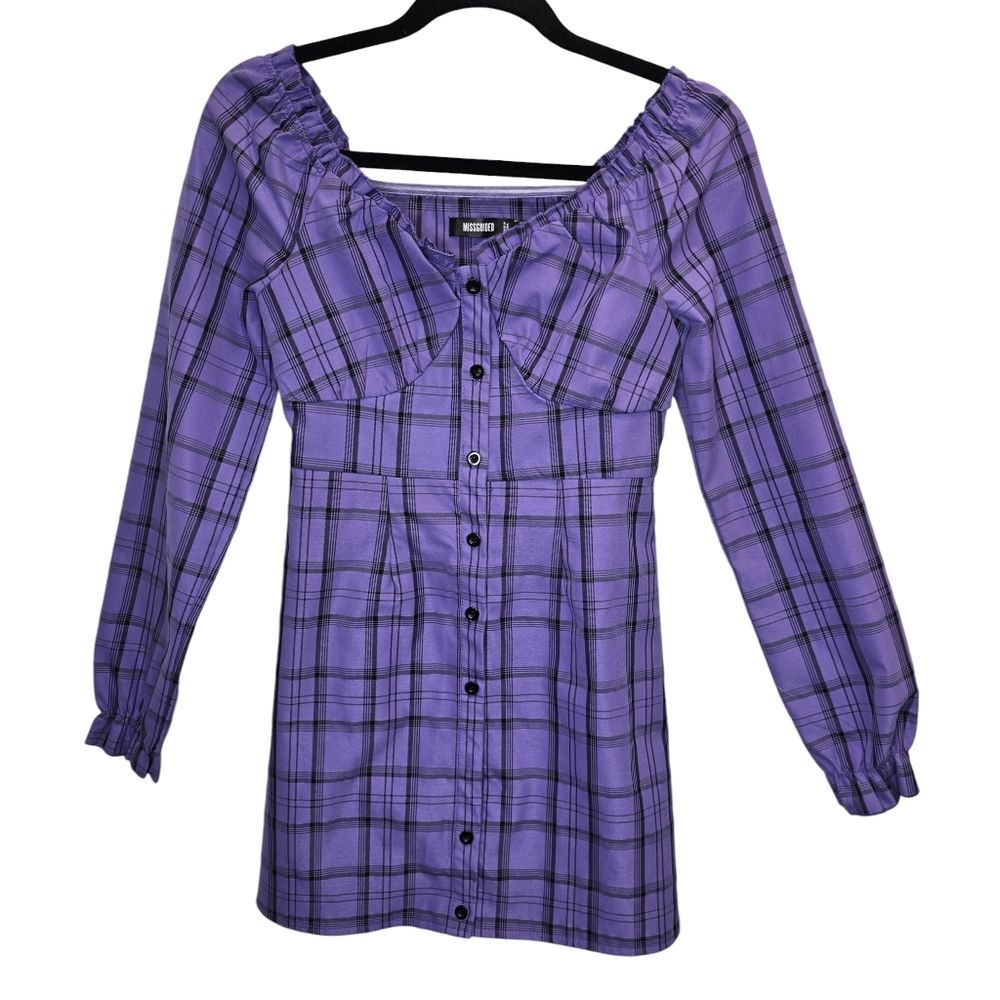 Missguided Women's 4 Purple Plaid Button-Up Long Sleeve Mini Dress